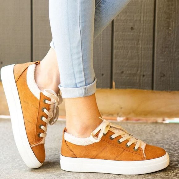 Tan Faux Suede Shearling Sneakers - Picture 1 of 3